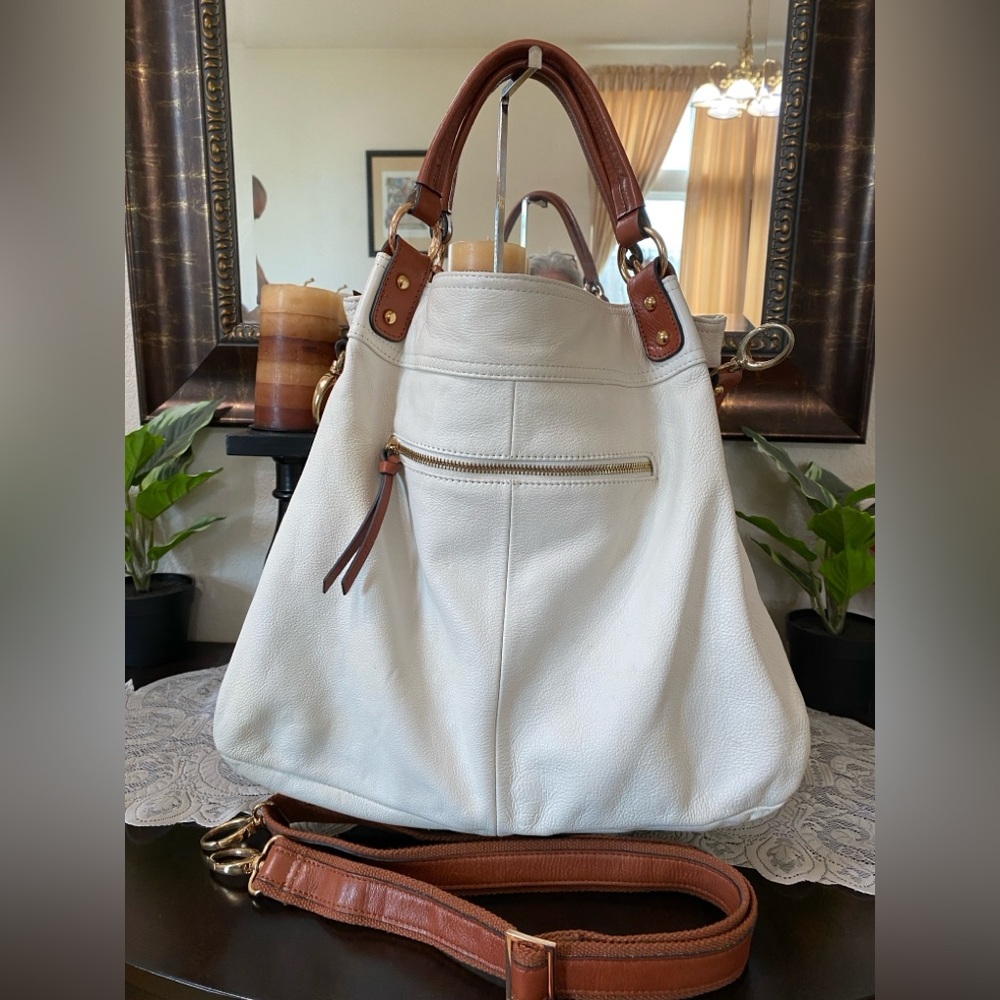 Cynthia Rowley Womens Shoulder Bag, Leather Zip Pockets Off White/Brown, X LRG - Picture 3 of 16